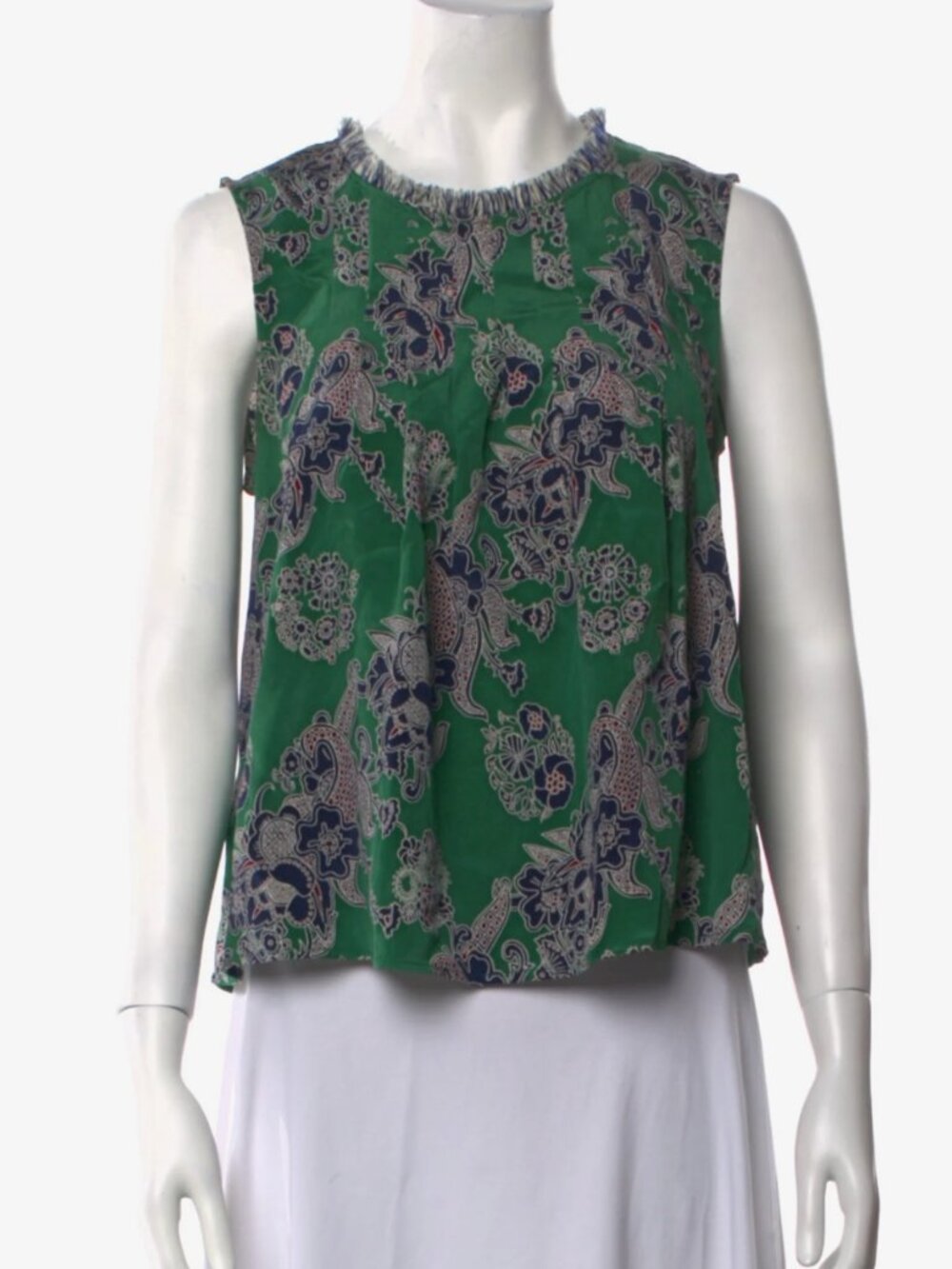 Sea New York Silk Green Pattern Top with Fringe Collar